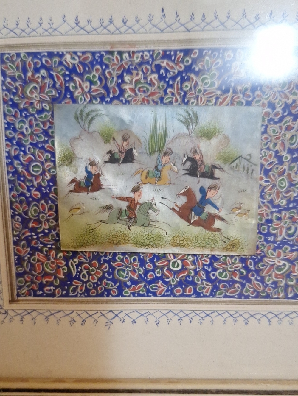 Hand-Painted Equestrian Scene Wall Art in Blue Frame